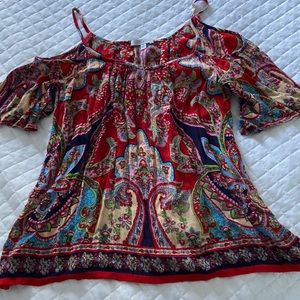 Patrons of Peace Open Shoulder Top Red Colorful